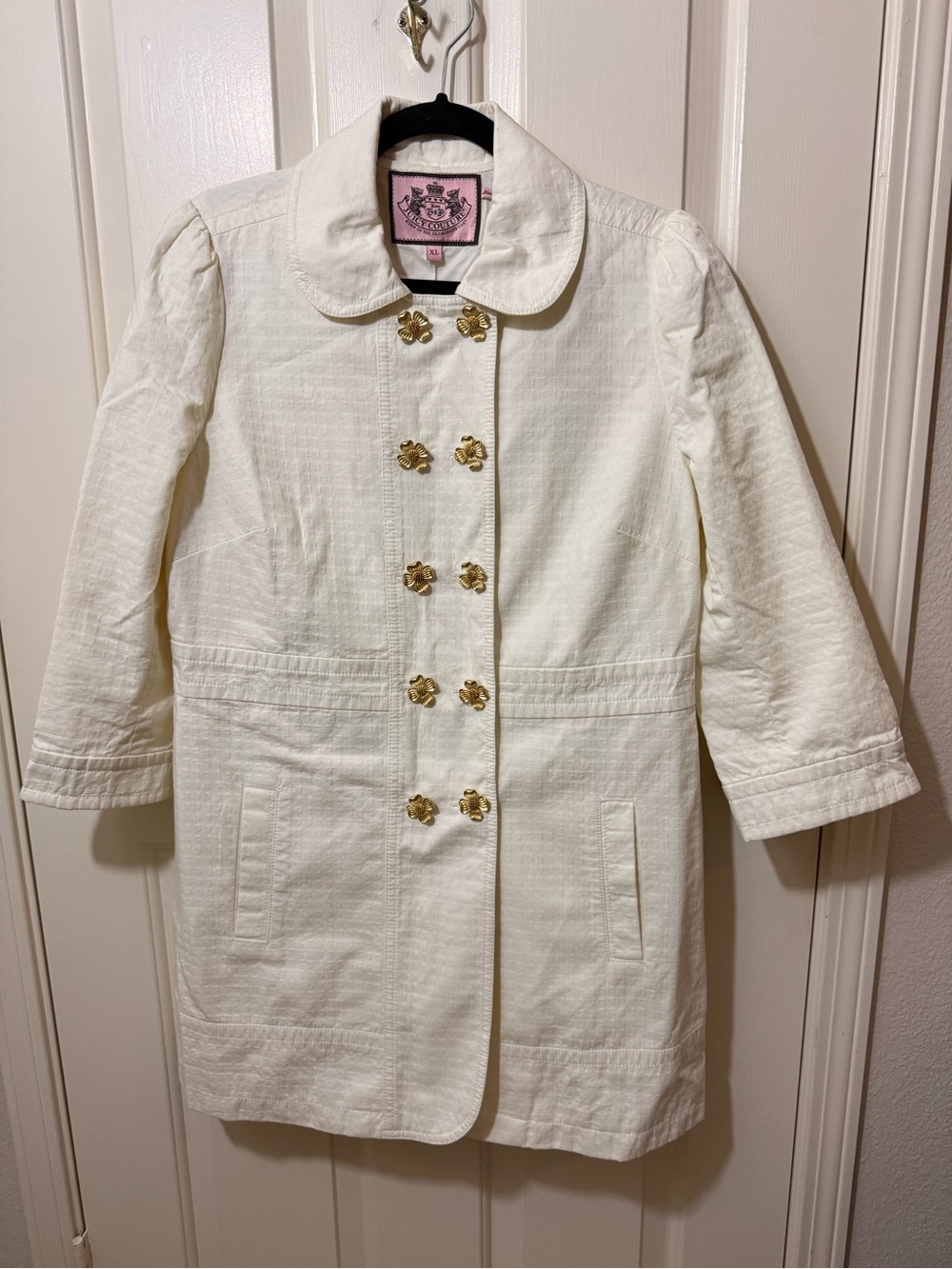 Juicy Couture Cream Double-Breasted Pea Coat with Gold Buttons